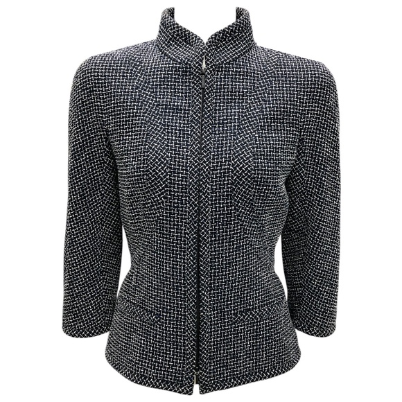 CHANEL Jackets & Blazers - CHANEL BLACK / WHITE / BLUE ZIP FRONT TWEED JACKET